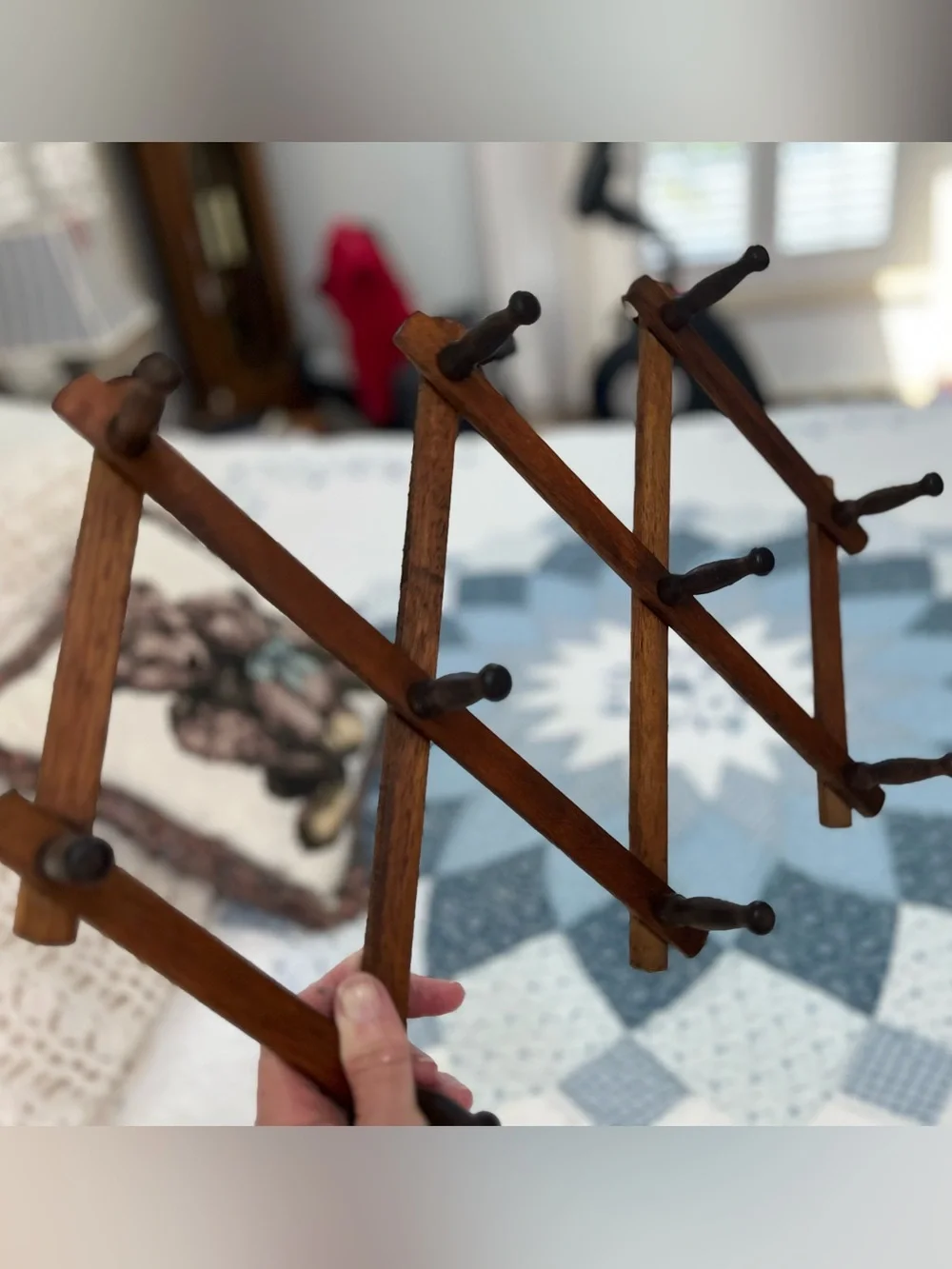 Vintage Wooden Accordion Adjustable 10 Peg Rack Wall Decor in Brown